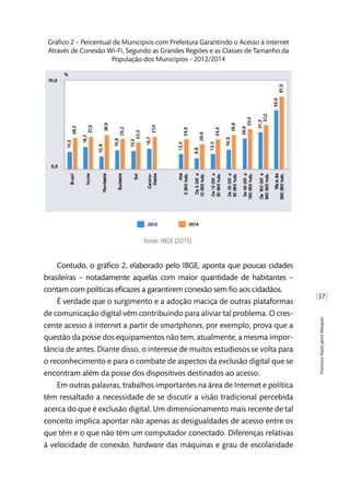 [37]
FranciscoPauloJamilMarques
Gráfico 2 – Percentual de Municípios com Prefeitura Garantindo o Acesso à Internet
Através de Conexão Wi-Fi, Segundo as Grandes Regiões e as Classes de Tamanho da
População dos Municípios - 2012/2014
Fonte: IBGE (2015).
Contudo, o gráfico 2, elaborado pelo IBGE, aponta que poucas cidades
brasileiras – notadamente aquelas com maior quantidade de habitantes –
contam com políticas eficazes a garantirem conexão sem fio aos cidadãos.
É verdade que o surgimento e a adoção maciça de outras plataformas
de comunicação digital vêm contribuindo para aliviar tal problema. O cres-
cente acesso à internet a partir de smartphones, por exemplo, prova que a
questão da posse dos equipamentos não tem, atualmente, a mesma impor-
tância de antes. Diante disso, o interesse de muitos estudiosos se volta para
o reconhecimento e para o combate de aspectos da exclusão digital que se
encontram além da posse dos dispositivos destinados ao acesso.
Em outras palavras, trabalhos importantes na área de Internet e política
têm ressaltado a necessidade de se discutir a visão tradicional percebida
acerca do que é exclusão digital. Um dimensionamento mais recente de tal
conceito implica apontar não apenas as desigualdades de acesso entre os
que têm e o que não têm um computador conectado. Diferenças relativas
à velocidade de conexão, hardware das máquinas e grau de escolaridade
 