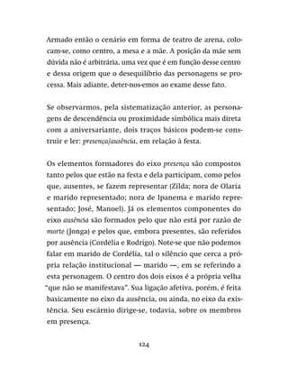 124
Armado então o cenário em forma de teatro de arena, colo-
cam-se, como centro, a mesa e a mãe. A posição da mãe sem
dúvida não é arbitrária, uma vez que é em função desse centro
e dessa origem que o desequilíbrio das personagens se pro-
cessa. Mais adiante, deter-nos-emos ao exame desse fato.
Se observarmos, pela sistematização anterior, as persona-
gens de descendência ou proximidade simbólica mais direta
com a aniversariante, dois traços básicos podem-se cons-
truir e ler: presença/ausência, em relação à festa.
Os elementos formadores do eixo presença são compostos
tanto pelos que estão na festa e dela participam, como pelos
que, ausentes, se fazem representar (Zilda; nora de Olaria
e marido representado; nora de Ipanema e marido repre-
sentado; José, Manoel). Já os elementos componentes do
eixo ausência são formados pelo que não está por razão de
morte (Jonga) e pelos que, embora presentes, são referidos
por ausência (Cordélia e Rodrigo). Note-se que não podemos
falar em marido de Cordélia, tal o silêncio que cerca a pró-
pria relação institucional — marido —, em se referindo a
esta personagem. O centro dos dois eixos é a própria velha
“que não se manifestava”. Sua ligação afetiva, porém, é feita
basicamente no eixo da ausência, ou ainda, no eixo da exis-
tência. Seu escárnio dirige-se, todavia, sobre os membros
em presença.
 