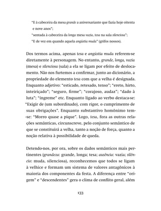 133
“E à cabeceira da mesa grande a aniversariante que fazia hoje oitenta
e nove anos”;
“sentada à cabeceira da longa mesa vazia, tesa na sala silenciosa”;
“E de vez em quando aquela angústia muda” (grifos nossos).
Dos termos acima, apenas tesa e angústia muda referem-se
diretamente à personagem. No entanto, grande, longa, vazia
(mesa) e silenciosa (sala) a ela se ligam por efeito de desloca-
mento. Não nos furtemos a confirmar, junto ao dicionário, a
propriedade do elemento tesa com que a velha é designada.
Enquanto adjetivo: “esticado, retesado, tenso”; “ereto, hirto,
inteiriçado”; “seguro, firme”; “corajoso, audaz”; “dado à
luta”; “íngreme” etc. Enquanto ligado ao verbo destaca-se:
“Exigir de (um subordinado), com rigor, o cumprimento de
suas obrigações”. Enquanto substantivo homônimo tem-
-se: “Morro quase a pique”. Logo, tesa, fora as outras rela-
ções semânticas, circunscreve, pelo conjunto semântico de
que se constituirá a velha, tanto a noção de força, quanto a
noção relativa à possibilidade de queda.
Detendo-nos, por ora, sobre os dados semânticos mais per-
tinentes (grandeza: grande, longa; tesa; ausência: vazia; silên-
cio: muda, silenciosa), reconhecemos que todos se ligam
à velhice e formam um sistema de valores antagônicos à
maioria dos componentes da festa. A diferença entre “ori-
gem” e “descendentes” gera o clima de conflito geral, além
 