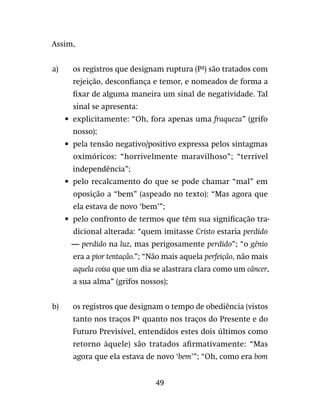 49
Assim,
a)	 os registros que designam ruptura (P²) são tratados com
rejeição, desconfiança e temor, e nomeados de forma a
fixar de alguma maneira um sinal de negatividade. Tal
sinal se apresenta:
•	explicitamente: “Oh, fora apenas uma fraqueza” (grifo
nosso);
•	pela tensão negativo/positivo expressa pelos sintagmas
oximóricos: “horrivelmente maravilhoso”; “terrível
independência”;
•	pelo recalcamento do que se pode chamar “mal” em
oposição a “bem” (aspeado no texto): “Mas agora que
ela estava de novo ‘bem’”;
•	pelo confronto de termos que têm sua significação tra-
dicional alterada: “quem imitasse Cristo estaria perdido
— perdido na luz, mas perigosamente perdido”; “o gênio
era a pior tentação.”; “Não mais aquela perfeição, não mais
aquela coisa que um dia se alastrara clara como um câncer,
a sua alma” (grifos nossos);
b)	os registros que designam o tempo de obediência (vistos
tanto nos traços P¹ quanto nos traços do Presente e do
Futuro Previsível, entendidos estes dois últimos como
retorno àquele) são tratados afirmativamente: “Mas
agora que ela estava de novo ‘bem’”; “Oh, como era bom
 