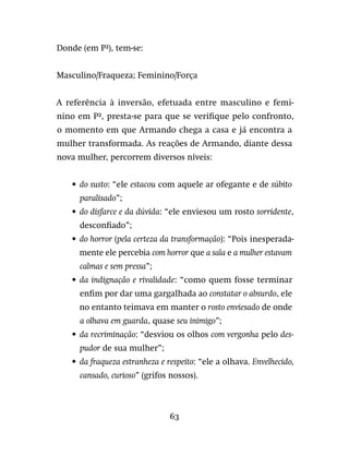 63
Donde (em P²), tem-se:
Masculino/Fraqueza; Feminino/Força
A referência à inversão, efetuada entre masculino e femi-
nino em P², presta-se para que se verifique pelo confronto,
o momento em que Armando chega a casa e já encontra a
mulher transformada. As reações de Armando, diante dessa
nova mulher, percorrem diversos níveis:
•	 do susto: “ele estacou com aquele ar ofegante e de súbito
paralisado”;
•	 do disfarce e da dúvida: “ele enviesou um rosto sorridente,
desconfiado”;
•	 do horror (pela certeza da transformação): “Pois inesperada-
mente ele percebia com horror que a sala e a mulher estavam
calmas e sem pressa”;
•	 da indignação e rivalidade: “como quem fosse terminar
enfim por dar uma gargalhada ao constatar o absurdo, ele
no entanto teimava em manter o rosto enviesado de onde
a olhava em guarda, quase seu inimigo”;
•	 da recriminação: “desviou os olhos com vergonha pelo des-
pudor de sua mulher”;
•	 da fraqueza estranheza e respeito: “ele a olhava. Envelhecido,
cansado, curioso” (grifos nossos).
 