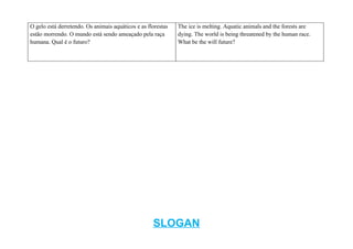 O gelo está derretendo. Os animais aquáticos e as florestas   The ice is melting. Aquatic animals and the forests are
estão morrendo. O mundo está sendo ameaçado pela raça         dying. The world is being threatened by the human race.
humana. Qual é o futuro?                                      What be the will future?




                                                    SLOGAN
 