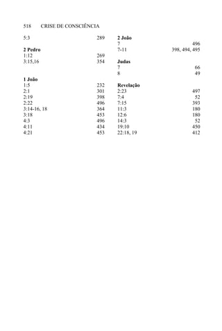 CRISE DE CONSCIÊNCIA518
5:3
2 Pedro
1:12
3:15,16
1 João
1:5
2:1
2:19
2:22
3:14-16, 18
3:18
4:3
4:11
4:21
289
269
354
232
301
398
496
364
453
496
434
453
2 João
7
7-11
Judas
7
8
Revelação
2:23
7:4
7:15
11:3
12:6
14:3
19:10
22:18, 19
496
398, 494, 495
66
49
497
52
393
180
180
52
450
412
 