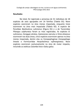Ecologia de campo: abordagens no mar, na terra e em águas continentais 
PPG Ecologia UFSC 2013 
139 
Resultados 
No total, foi registrada a presença de 31 indivíduos de 18 
espécies de aves agrupados em 14 famílias (Tabela 01). Nove 
espécies ocorreram na área menos impactada, enquanto treze 
ocorreram na área mais impactada (Tabela 02). A espécie de 
Parulidae Basileuterus culicivorus (Figura 01) e a de Tyrannidae 
Pitangus sulphuratus foram as mais registradas. As espécies B. 
culicivorus, Coragyps atratus, Cyanocorax caerulus e Vireo olivaceus 
ocorreram nas duas áreas, cinco espécies ocorreram apenas na área 
menos impactada, dentre elas os Conopophaginae Conopophaga 
lineata e Formicariidae Herpsilochmus rufimarginatus. Nove 
espécies ocorreram exclusivamente na área de maior impacto, 
incluindo as exóticas Columba livia e Galus galus. 
 