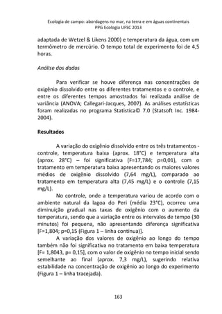 Ecologia de campo: abordagens no mar, na terra e em águas continentais 
PPG Ecologia UFSC 2013 
adaptada de Wetzel & Likens 2000) e temperatura da água, com um 
termômetro de mercúrio. O tempo total de experimento foi de 4,5 
horas. 
163 
Análise dos dados 
Para verificar se houve diferença nas concentrações de 
oxigênio dissolvido entre os diferentes tratamentos e o controle, e 
entre os diferentes tempos amostrados foi realizada análise de 
variância (ANOVA; Callegari-Jacques, 2007). As análises estatísticas 
foram realizadas no programa Statistica© 7.0 (Statsoft Inc. 1984- 
2004). 
Resultados 
A variação do oxigênio dissolvido entre os três tratamentos - 
controle, temperatura baixa (aprox. 18°C) e temperatura alta 
(aprox. 28°C) – foi significativa (F=17,784; p=0,01), com o 
tratamento em temperatura baixa apresentando os maiores valores 
médios de oxigênio dissolvido (7,64 mg/L), comparado ao 
tratamento em temperatura alta (7,45 mg/L) e o controle (7,15 
mg/L). 
No controle, onde a temperatura variou de acordo com o 
ambiente natural da lagoa do Peri (média 23°C), ocorreu uma 
diminuição gradual nas taxas de oxigênio com o aumento da 
temperatura, sendo que a variação entre os intervalos de tempo (30 
minutos) foi pequena, não apresentando diferença significativa 
[F=1,804; p=0,15 (Figura 1 – linha contínua)]. 
A variação dos valores de oxigênio ao longo do tempo 
também não foi significativa no tratamento em baixa temperatura 
[F= 1,8043, p= 0,15], com o valor de oxigênio no tempo inicial sendo 
semelhante ao final (aprox. 7,3 mg/L), sugerindo relativa 
estabilidade na concentração de oxigênio ao longo do experimento 
(Figura 1 – linha tracejada). 
 