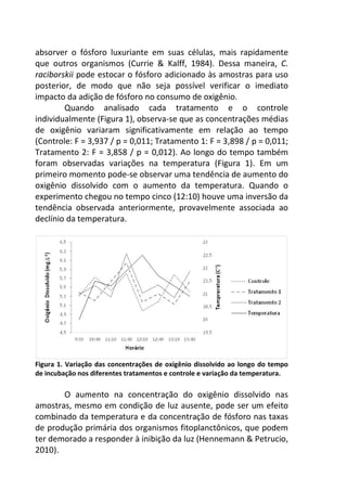 absorver o fósforo luxuriante em suas células, mais rapidamente 
que outros organismos (Currie & Kalff, 1984). Dessa maneira, C. 
raciborskii pode estocar o fósforo adicionado às amostras para uso 
posterior, de modo que não seja possível verificar o imediato 
impacto da adição de fósforo no consumo de oxigênio. 
Quando analisado cada tratamento e o controle 
individualmente (Figura 1), observa-se que as concentrações médias 
de oxigênio variaram significativamente em relação ao tempo 
(Controle: F = 3,937 / p = 0,011; Tratamento 1: F = 3,898 / p = 0,011; 
Tratamento 2: F = 3,858 / p = 0,012). Ao longo do tempo também 
foram observadas variações na temperatura (Figura 1). Em um 
primeiro momento pode-se observar uma tendência de aumento do 
oxigênio dissolvido com o aumento da temperatura. Quando o 
experimento chegou no tempo cinco (12:10) houve uma inversão da 
tendência observada anteriormente, provavelmente associada ao 
declínio da temperatura. 
Figura 1. Variação das concentrações de oxigênio dissolvido ao longo do tempo 
de incubação nos diferentes tratamentos e controle e variação da temperatura. 
O aumento na concentração do oxigênio dissolvido nas 
amostras, mesmo em condição de luz ausente, pode ser um efeito 
combinado da temperatura e da concentração de fósforo nas taxas 
de produção primária dos organismos fitoplanctônicos, que podem 
ter demorado a responder à inibição da luz (Hennemann & Petrucio, 
2010). 
 