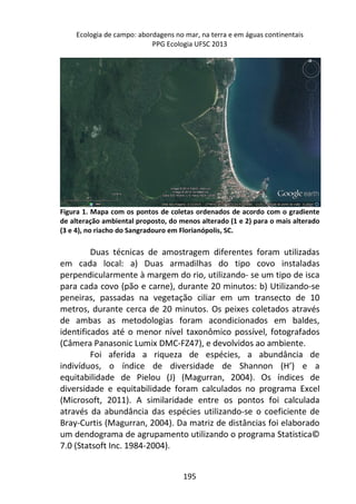 Ecologia de campo: abordagens no mar, na terra e em águas continentais 
PPG Ecologia UFSC 2013 
Figura 1. Mapa com os pontos de coletas ordenados de acordo com o gradiente 
de alteração ambiental proposto, do menos alterado (1 e 2) para o mais alterado 
(3 e 4), no riacho do Sangradouro em Florianópolis, SC. 
Duas técnicas de amostragem diferentes foram utilizadas 
em cada local: a) Duas armadilhas do tipo covo instaladas 
perpendicularmente à margem do rio, utilizando- se um tipo de isca 
para cada covo (pão e carne), durante 20 minutos: b) Utilizando-se 
peneiras, passadas na vegetação ciliar em um transecto de 10 
metros, durante cerca de 20 minutos. Os peixes coletados através 
de ambas as metodologias foram acondicionados em baldes, 
identificados até o menor nível taxonômico possível, fotografados 
(Câmera Panasonic Lumix DMC-FZ47), e devolvidos ao ambiente. 
Foi aferida a riqueza de espécies, a abundância de 
indivíduos, o índice de diversidade de Shannon (H’) e a 
equitabilidade de Pielou (J) (Magurran, 2004). Os índices de 
diversidade e equitabilidade foram calculados no programa Excel 
(Microsoft, 2011). A similaridade entre os pontos foi calculada 
através da abundância das espécies utilizando-se o coeficiente de 
Bray-Curtis (Magurran, 2004). Da matriz de distâncias foi elaborado 
um dendograma de agrupamento utilizando o programa Statistica© 
7.0 (Statsoft Inc. 1984-2004). 
195 
 