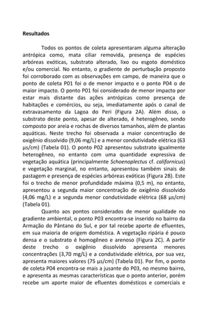 Resultados 
Todos os pontos de coleta apresentaram alguma alteração 
antrópica como, mata ciliar removida, presença de espécies 
arbóreas exóticas, substrato alterado, lixo ou esgoto doméstico 
e/ou comercial. No entanto, o gradiente de perturbação proposto 
foi corroborado com as observações em campo, de maneira que o 
ponto de coleta P01 foi o de menor impacto e o ponto P04 o de 
maior impacto. O ponto P01 foi considerado de menor impacto por 
estar mais distante das ações antrópicas como presença de 
habitações e comércios, ou seja, imediatamente após o canal de 
extravasamento da Lagoa do Peri (Figura 2A). Além disso, o 
substrato deste ponto, apesar de alterado, é heterogêneo, sendo 
composto por areia e rochas de diversos tamanhos, além de plantas 
aquáticas. Neste trecho foi observada a maior concentração de 
oxigênio dissolvido (9,06 mg/L) e a menor condutividade elétrica (63 
μs/cm) (Tabela 01). O ponto P02 apresentou substrato igualmente 
heterogêneo, no entanto com uma quantidade expressiva de 
vegetação aquática (principalmente Schoenoplectus cf. californicus) 
e vegetação marginal, no entanto, apresentou também sinais de 
pastagem e presença de espécies arbóreas exóticas (Figura 2B). Este 
foi o trecho de menor profundidade máxima (0,5 m), no entanto, 
apresentou a segunda maior concentração de oxigênio dissolvido 
(4,06 mg/L) e a segunda menor condutividade elétrica (68 μs/cm) 
(Tabela 01). 
Quanto aos pontos considerados de menor qualidade no 
gradiente ambiental, o ponto P03 encontra-se inserido no bairro da 
Armação do Pântano do Sul, e por tal recebe aporte de efluentes, 
em sua maioria de origem doméstica. A vegetação ripária é pouco 
densa e o substrato é homogêneo e arenoso (Figura 2C). A partir 
deste trecho o oxigênio dissolvido apresenta menores 
concentrações (3,70 mg/L) e a condutividade elétrica, por sua vez, 
apresenta maiores valores (75 μs/cm) (Tabela 01). Por fim, o ponto 
de coleta P04 encontra-se mais a jusante do P03, no mesmo bairro, 
e apresenta as mesmas características que o ponto anterior, porém 
recebe um aporte maior de efluentes domésticos e comerciais e 
 