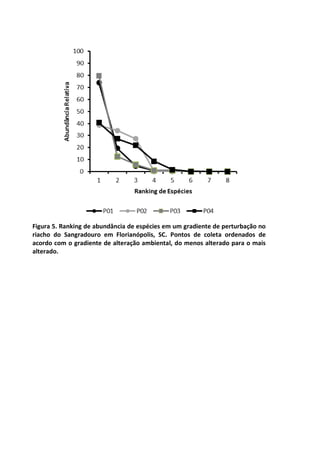 Figura 5. Ranking de abundância de espécies em um gradiente de perturbação no 
riacho do Sangradouro em Florianópolis, SC. Pontos de coleta ordenados de 
acordo com o gradiente de alteração ambiental, do menos alterado para o mais 
alterado. 
 