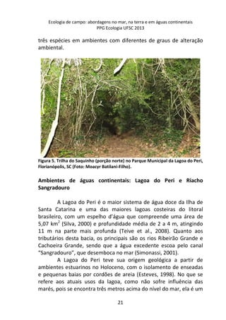 Ecologia de campo: abordagens no mar, na terra e em águas continentais 
PPG Ecologia UFSC 2013 
três espécies em ambientes com diferentes de graus de alteração 
ambiental. 
Figura 5. Trilha do Saquinho (porção norte) no Parque Municipal da Lagoa do Peri, 
Florianópolis, SC (Foto: Moacyr Batilani-Filho). 
Ambientes de águas continentais: Lagoa do Peri e Riacho 
Sangradouro 
A Lagoa do Peri é o maior sistema de água doce da Ilha de 
Santa Catarina e uma das maiores lagoas costeiras do litoral 
brasileiro, com um espelho d’água que compreende uma área de 
5,07 km2 (Silva, 2000) e profundidade média de 2 a 4 m, atingindo 
11 m na parte mais profunda (Teive et al., 2008). Quanto aos 
tributários desta bacia, os principais são os rios Ribeirão Grande e 
Cachoeira Grande, sendo que a água excedente escoa pelo canal 
“Sangradouro”, que desemboca no mar (Simonassi, 2001). 
A Lagoa do Peri teve sua origem geológica a partir de 
ambientes estuarinos no Holoceno, com o isolamento de enseadas 
e pequenas baias por cordões de areia (Esteves, 1998). No que se 
refere aos atuais usos da lagoa, como não sofre influência das 
marés, pois se encontra três metros acima do nível do mar, ela é um 
21 
 