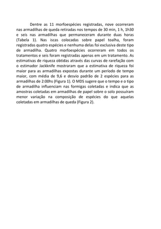 Dentre as 11 morfoespécies registradas, nove ocorreram 
nas armadilhas de queda retiradas nos tempos de 30 min, 1 h, 1h30 
e seis nas armadilhas que permaneceram durante duas horas 
(Tabela 1). Nas iscas colocadas sobre papel toalha, foram 
registradas quatro espécies e nenhuma delas foi exclusiva deste tipo 
de armadilha. Quatro morfoespécies ocorreram em todos os 
tratamentos e seis foram registradas apenas em um tratamento. As 
estimativas de riqueza obtidas através das curvas de rarefação com 
o estimador Jackknife mostraram que a estimativa de riqueza foi 
maior para as armadilhas expostas durante um período de tempo 
maior, com média de 9,6 e desvio padrão de 2 espécies para as 
armadilhas de 2:00hs (Figura 1). O MDS sugere que o tempo e o tipo 
de armadilha influenciam nas formigas coletadas e indica que as 
amostras coletadas em armadilhas de papel sobre o solo possuíram 
menor variação na composição de espécies do que aquelas 
coletadas em armadilhas de queda (Figura 2). 
 