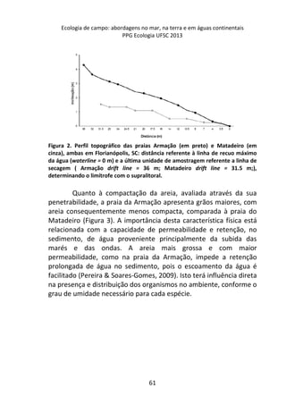Ecologia de campo: abordagens no mar, na terra e em águas continentais 
PPG Ecologia UFSC 2013 
Figura 2. Perfil topográfico das praias Armação (em preto) e Matadeiro (em 
cinza), ambas em Florianópolis, SC: distância referente à linha de recuo máximo 
da água (waterline = 0 m) e a última unidade de amostragem referente a linha de 
secagem ( Armação drift line = 36 m; Matadeiro drift line = 31.5 m;), 
determinando o limítrofe com o supralitoral. 
Quanto à compactação da areia, avaliada através da sua 
penetrabilidade, a praia da Armação apresenta grãos maiores, com 
areia consequentemente menos compacta, comparada à praia do 
Matadeiro (Figura 3). A importância desta característica física está 
relacionada com a capacidade de permeabilidade e retenção, no 
sedimento, de água proveniente principalmente da subida das 
marés e das ondas. A areia mais grossa e com maior 
permeabilidade, como na praia da Armação, impede a retenção 
prolongada de água no sedimento, pois o escoamento da água é 
facilitado (Pereira & Soares-Gomes, 2009). Isto terá influência direta 
na presença e distribuição dos organismos no ambiente, conforme o 
grau de umidade necessário para cada espécie. 
61 
 