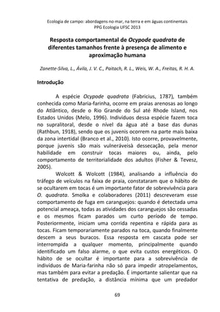 Ecologia de campo: abordagens no mar, na terra e em águas continentais 
PPG Ecologia UFSC 2013 
Resposta comportamental de Ocypode quadrata de 
diferentes tamanhos frente à presença de alimento e 
aproximação humana 
Zanette-Silva, L., Ávila, J. V. C., Paitach, R. L., Weis, W. A., Freitas, R. H. A. 
69 
Introdução 
A espécie Ocypode quadrata (Fabricius, 1787), também 
conhecida como Maria-farinha, ocorre em praias arenosas ao longo 
do Atlântico, desde o Rio Grande do Sul até Rhode Island, nos 
Estados Unidos (Melo, 1996). Indivíduos dessa espécie fazem toca 
no supralitoral, desde o nível da água até a base das dunas 
(Rathbun, 1918), sendo que os juvenis ocorrem na parte mais baixa 
da zona intertidal (Branco et al., 2010). Isto ocorre, provavelmente, 
porque juvenis são mais vulneráveisà dessecação, pela menor 
habilidade em construir tocas maiores ou, ainda, pelo 
comportamento de territorialidade dos adultos (Fisher & Tevesz, 
2005). 
Wolcott & Wolcott (1984), analisando a influência do 
tráfego de veículos na faixa de praia, constataram que o hábito de 
se ocultarem em tocas é um importante fator de sobrevivência para 
O. quadrata. Smolka e colaboradores (2011) descreveram esse 
comportamento de fuga em caranguejos: quando é detectada uma 
potencial ameaça, todas as atividades dos caranguejos são cessadas 
e os mesmos ficam parados um curto período de tempo. 
Posteriormente, iniciam uma corrida repentina e rápida para as 
tocas. Ficam temporariamente parados na toca, quando finalmente 
descem a seus buracos. Essa resposta em cascata pode ser 
interrompida a qualquer momento, principalmente quando 
identificado um falso alarme, o que evita custos energéticos. O 
hábito de se ocultar é importante para a sobrevivência de 
indivíduos de Maria-farinha não só para impedir atropelamentos, 
mas também para evitar a predação. É importante salientar que na 
tentativa de predação, a distância mínima que um predador 
 