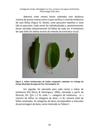 Ecologia de campo: abordagens no mar, na terra e em águas continentais 
PPG Ecologia UFSC 2013 
Ademais vinte ramets foram coletados com distância 
mínima de quinze metros entre si para verificar o nível de herbivoria 
de suas folhas (Figura 1). Destes, onze possuíam espinhos e nove 
não os possuíam. Cada ramet foi individualizado e, posteriormente, 
foram retiradas aleatoriamente 10 folhas de cada um. A herbivoria 
de cada folha foi obtida através do método da estimativa visual. 
Figura 1. Folhas herbivoradas de Smilax campestris coletadas na restinga do 
Parque Municipal da Lagoa da Peri, Florianópolis, SC. 
Em seguida, foi calculado para cada ramet o índice de 
herbivoria (IH) (Dirzo & Dominguez, 1995), calculado a partir da 
fórmula: IH= Σ(ni ) i/ N, onde i = categoria de herbivoria, ni = 
número de folhas na categoria de dano i e N= número total de 
folhas analisadas. As categorias de dano correspondem a intervalos 
de porcentagem de dano, como mostrado na Tabela 1. 
83 
 