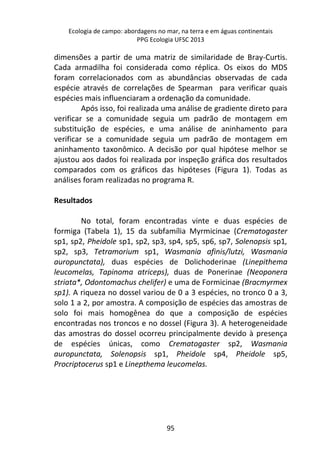 Ecologia de campo: abordagens no mar, na terra e em águas continentais 
PPG Ecologia UFSC 2013 
dimensões a partir de uma matriz de similaridade de Bray-Curtis. 
Cada armadilha foi considerada como réplica. Os eixos do MDS 
foram correlacionados com as abundâncias observadas de cada 
espécie através de correlações de Spearman para verificar quais 
espécies mais influenciaram a ordenação da comunidade. 
Após isso, foi realizada uma análise de gradiente direto para 
verificar se a comunidade seguia um padrão de montagem em 
substituição de espécies, e uma análise de aninhamento para 
verificar se a comunidade seguia um padrão de montagem em 
aninhamento taxonômico. A decisão por qual hipótese melhor se 
ajustou aos dados foi realizada por inspeção gráfica dos resultados 
comparados com os gráficos das hipóteses (Figura 1). Todas as 
análises foram realizadas no programa R. 
95 
Resultados 
No total, foram encontradas vinte e duas espécies de 
formiga (Tabela 1), 15 da subfamília Myrmicinae (Crematogaster 
sp1, sp2, Pheidole sp1, sp2, sp3, sp4, sp5, sp6, sp7, Solenopsis sp1, 
sp2, sp3, Tetramorium sp1, Wasmania afinis/lutzi, Wasmania 
auropunctata), duas espécies de Dolichoderinae (Linepithema 
leucomelas, Tapinoma atriceps), duas de Ponerinae (Neoponera 
striata*, Odontomachus chelifer) e uma de Formicinae (Bracmyrmex 
sp1). A riqueza no dossel variou de 0 a 3 espécies, no tronco 0 a 3, 
solo 1 a 2, por amostra. A composição de espécies das amostras de 
solo foi mais homogênea do que a composição de espécies 
encontradas nos troncos e no dossel (Figura 3). A heterogeneidade 
das amostras do dossel ocorreu principalmente devido à presença 
de espécies únicas, como Crematogaster sp2, Wasmania 
auropunctata, Solenopsis sp1, Pheidole sp4, Pheidole sp5, 
Procriptocerus sp1 e Linepthema leucomelas. 
 