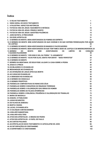 Índice
1. O VELHO TESTAMENTO 1
2. VISÃO GERAL DO NOVO TESTAMENTO 4
3. A PALESTINA: ASPECTOS HISTÓRICOS 7
4. FATOS DA VIDA DE JESUS: NASCIMENTO E INFÂNCIA 10
5. FATOS DA VIDA DE JESUS: PRISÃO E MORTE 12
6. FATOS DA VIDA DE JESUS: QUESTÕES POLÊMICAS 15
7. JOÃO BATISTA, O PRECURSOR 19
8. OS DOZE APÓSTOLOS 21
9. O SERMÃO DO MONTE: BEM AVENTURADOS OS POBRES DE ESPÍRITO 23
10. O SERMÃO DO MONTE: BEM AVENTURADOS OS QUE CHORAM E OS QUE SOFREM PERSEGUIÇÃO POR AMOR
DA JUSTIÇA 26
11. O SERMÃO DO MONTE: BEM AVENTURADOS OS MANSOS E PACIFICADORES 27
12. O SERMÃO DO MONTE: BEM AVENTURADOS OS QUE TEM FOME E SEDE DE JUSTIÇA E OS MISERICORDIOSOS.29
13. SERMÃO DO MONTE: BEM AVENTURADOS OS LIMPOS DE CORAÇÃO
E QUANDO INJURIAREM 30
14. O SERMÃO DO MONTE: “VÓS SOIS O SOL DA TERRA” “O JURAMENTO” 32
15. O SERMÃO DO MONTE: “OLHO POR OLHO, DENTE POR DENTE” “SEDE PERFEITOS” 35
16. O SERMÃO DO MONTE 37
17. SERMÃO DA MONTANHA: SÓ DEUS PODE JULGAR E A CASA SOBRE A PEDRA 40
18. JESUS E A PRECE 42
19. OS MILAGRES E O EVANGELHO 44
20. MEDIUNIDADE NO EVANGELHO 46
21. AS APARIÇÕES DE JESUS APÓS SUA MORTE 50
22. AS CURAS NO EVANGELHO 52
23. A OBSESSÃO NO EVANGELHO 56
24. O SERMÃO DO CENÁCULO 59
25. O SERMÃO PROFÉTICO 61
26. PARÁBOLAS COMPARATIVAS DO REINO DOS CÉUS 62
27. PARÁBOLAS SOBRE O DESAPEGO ÀS RIQUEZAS TERRENAS 65
28. PARÁBOLAS SOBRE A VALORIZAÇÃO DAS OBRAS DO HOMEM 68
29. PARÁBOLAS SOBRE AS FALSAS APARÊNCIAS 71
30. PARÁBOLA SOBRE A VIGILÂNCIA, PRUDÊNCIA E VALORIZAÇÃO DO TRABALHO 73
31. MARIA DE MAGDALA 75
32. ZAQUEU, O PUBLICANO 76
33. JUDAS ISCARIOTES 77
34. OS FILHOS DE ZEBEDEU 78
35. MARTA E MARIA 79
36. LUCAS, O EVANGELISTA 80
37. O COLÓQUIO COM NICODEMOS 81
38. A MULHER SAMARITANA 82
39. A MULHER ADÚLTERA 83
40. ATOS DOS APÓSTOLOS - A MISSÃO DE PEDRO 84
41. ATOS DOS APÓSTOLOS - O PAPEL DE PAULO 85
42. AS CARTAS PAULINAS 86
43. AS EPÍSTOLAS DO NOVO TESTAMENTO E O APOCALIPSE DE JOÃO 96
44. AS DETURPAÇÕES DO CRISTIANISMO 102
45. O ESPIRITISMO E O CRISTIANISMO 103
 