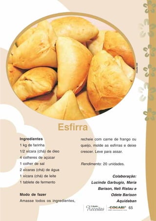 6565
Ingredientes
1 kg de farinha
1/2 xícara (chá) de óleo
4 colheres de açúcar
1 colher de sal
2 xícaras (chá) de água
1 xícara (chá) de leite
1 tablete de fermento
Modo de fazer
Amasse todos os ingredientes,
Esfirra
recheie com carne de frango ou
queijo, molde as esfirras e deixe
crescer. Leve para assar.
Rendimento: 20 unidades.
Colaboração:
Lucinda Garbugio, Maria
Barison, Neli Ristau e
Odete Barison
Aquidaban
CláudiaC&E
 