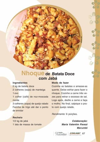 6767
Ingredientes
2 kg de batata doce
2 colheres (sopa) de manteiga
1 ovo
1 colher (café) de noz-moscada
moída
3 colheres (sopa) de queijo ralado
Farinha de trigo até dar o ponto
de enrolar
Recheio
1/2 kg de jabá
1 lata de massa de tomate
Modo de fazer
Cozinhe as batatas e amasse-as
quente. Deixe esfriar para fazer o
nhoque. Cozinhe a carne três ve-
zes para retirar o excesso de sal.
Logo após, desfie a carne e faça
o molho. No final, salpique o pra-
to com queijo ralado.
Rendimento: 6 porções.
Colaboração:
Maria Valentim Pavezi
Marumbi
Nhoquede Batata Doce
com Jabá CláudiaC&E
 
