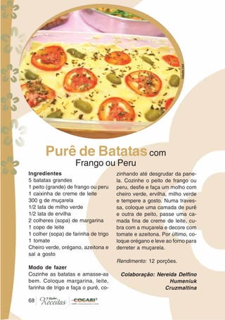 6868
Ingredientes
5 batatas grandes
1 peito (grande) de frango ou peru
1 caixinha de creme de leite
300 g de muçarela
1/2 lata de milho verde
1/2 lata de ervilha
2 colheres (sopa) de margarina
1 copo de leite
1 colher (sopa) de farinha de trigo
1 tomate
Cheiro verde, orégano, azeitona e
sal a gosto
Modo de fazer
Cozinhe as batatas e amasse-as
bem. Coloque margarina, leite,
farinha de trigo e faça o purê, co-
zinhando até desgrudar da pane-
la. Cozinhe o peito de frango ou
peru, desfie e faça um molho com
cheiro verde, ervilha, milho verde
e tempere a gosto. Numa traves-
sa, coloque uma camada de purê
e outra de peito, passe uma ca-
mada fina de creme de leite, cu-
bra com a muçarela e decore com
tomate e azeitona. Por último, co-
loque orégano e leve ao forno para
derreter a muçarela.
Rendimento: 12 porções.
Colaboração: Nereida Delfino
Humeniuk
Cruzmaltina
Purê de Batatascom
Frango ou Peru
CláudiaC&E
 