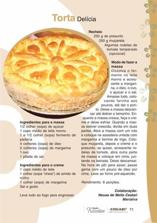 7171
Torta Delícia
Ingredientes para a massa
1/2 colher (sopa) de açúcar
1 copo médio de leite morno
1 e 1/2 colher (sopa) fermento de
padaria
4 colheres (sopa) de óleo
2 colheres (sopa) de margarina
1 ovo
1 pitada de sal
Ingredientes para o creme
1 copo médio de leite
1 colher (sopa “cheia”) de amido de
milho
1 colher (sopa) de margarina
Sal a gosto
Leve tudo ao fogo para engrossar.
Recheio
250 g de presunto
250 g muçarela
Algumas rodelas de
tomate temperado
(opcional)
Modo de fazer a
massa
Dissolva o fer-
mento no leite
morno e acres-
cente a margari-
na, o óleo, o ovo,
o açúcar e o sal.
Amasse tudo, colo-
cando farinha aos
poucos, até dar o pon-
to. Deixe a massa descan-
sar até dobrar o tamanho. En-
quanto a massa cresce, faça o cre-
me e deixe esfriar. Quando a mas-
sa estiver crescida, divida em duas
partes. Abra a massa com um rolo
e coloque na assadeira untada com
margarina e farinha de trigo. Colo-
que muçarela, depois o creme e o
presunto, se quiser, acrescente ro-
delas de tomate, abra outra parte
da massa e coloque em cima, jun-
tando na beirada. Deixe descansar.
Na hora de pôr para assar, passe
gema com um pouco de óleo por
cima. Leve ao forno pré-aquecido.
Rendimento: 8 porções.
Colaboração:
Neusa de Mello Cestari
Marialva
CláudiaC&E
 