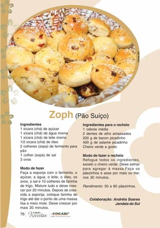 7676
Ingredientes
1 xícara (chá) de açúcar
1 xícara (chá) de água morna
1 xícara (chá) de leite morno
1/2 xícara (chá) de óleo
2 colheres (sopa) de fermento para
pão
1 colher (sopa) de sal
3 ovos
Modo de fazer
Faça a esponja com o fermento, o
açúcar, a água, o leite, o óleo, os
ovos, o sal e 10 colheres de farinha
de trigo. Misture tudo e deixe cres-
cer por 20 minutos. Depois de cres-
cida a esponja, coloque farinha de
trigo até dar o ponto de uma massa
lisa e meio mole. Deixe crescer por
mais 20 minutos.
Ingredientes para o recheio
1 cebola média
2 dentes de alho amassados
200 g de bacon picadinho
400 g de salame picadinho
Cheiro verde a gosto
Modo de fazer o recheio
Refogue todos os ingredientes,
exceto o cheiro verde. Deixe esfriar
para agregar à massa.Faça os
pãezinhos e asse por mais ou me-
nos 30 minutos.
Rendimento: 50 a 60 pãezinhos.
Colaboração: Andréia Soares
Jandaia do Sul
Zoph (Pão Suíço)
CláudiaC&E
 
