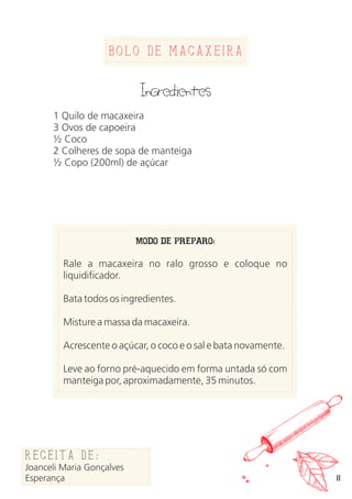 Ingredientes
1 Quilo de macaxeira
3 Ovos de capoeira
½ Coco
2 Colheres de sopa de manteiga
½ Copo (200ml) de açúcar
MODO DE PREPARO:
Rale a macaxeira no ralo grosso e coloque no
liquidificador.
Bata todos os ingredientes.
Misture a massa da macaxeira.
Acrescente o açúcar, o coco e o sal e bata novamente.
Leve ao forno pré-aquecido em forma untada só com
manteiga por, aproximadamente, 35 minutos.
Receita de:
Joanceli Maria Gonçalves
Esperança
Bolo de Macaxeira
11
 