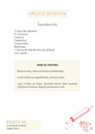 25
Omelete Nutritiva
Ingredientes
2 Ovos de capoeira
½ Cenoura
Coentro
Cebolinha
Couve folha
Beterraba
1 Xícara de chá de óleo de girassol
Sal a gosto
MODO DE PREPARO
Bata os ovos, rale a cenoura e a beterraba.
Junte todos os ingredientes, menos o óleo.
Leve o óleo ao fogo. Quando estiver bem quente,
coloque a mistura, espere um pouco e vire.
Receita de:
Lucicláudia Araújo
Lagoa Seca
 