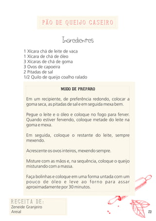 27
Ingredientes
1 Xícara chá de leite de vaca
1 Xícara de chá de óleo
3 Xícaras de chá de goma
3 Ovos de capoeira
2 Pitadas de sal
1/2 Quilo de queijo coalho ralado
MODO DE PREPARO
Em um recipiente, de preferência redondo, colocar a
goma seca, as pitadas de sal e em seguida mexa bem.
Pegue o leite e o óleo e coloque no fogo para ferver.
Quando estiver fervendo, coloque metade do leite na
goma e mexa.
Em seguida, coloque o restante do leite, sempre
mexendo.
Acrescente os ovos inteiros, mexendo sempre.
Misture com as mãos e, na sequência, coloque o queijo
misturando com a massa.
Faça bolinhas e coloque em uma forma untada com um
pouco de óleo e leve ao forno para assar
aproximadamente por 30 minutos.
Receita de:
Zeneide Granjeiro
Areial
Pao de queijo caseiro
 