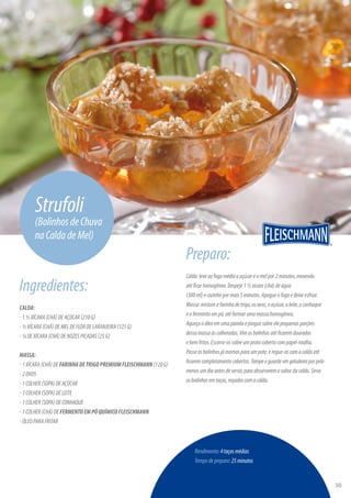 Ingredientes:
CALDA:
-1½XÍCARA(CHÁ)DEAÇÚCAR(210G)
-½XÍCARA(CHÁ)DEMELDEFLORDELARANJEIRA(125G)
-¼DEXÍCARA(CHÁ)DENOZESPICADAS(25G)
MASSA:
-1XÍCARA(CHÁ)DEFARINHADETRIGOPREMIUMFLEISCHMANN(120G)
-2OVOS
-1COLHER(SOPA)DEAÇÚCAR
-1COLHER(SOPA)DELEITE
-1COLHER(SOPA)DECONHAQUE
-1COLHER(CHÁ)DEFERMENTOEMPÓQUÍMICOFLEISCHMANN
-ÓLEOPARAFRITAR
Rendimento:4taçasmédias
Tempodepreparo:25minutos
Preparo:
Calda:leveaofogomédiooaçúcareomelpor2minutos,mexendo
atéficarhomogêneo.Despeje1½xícara(chá)deágua
(300ml)ecozinhepormais5minutos.Apagueofogoedeixeesfriar.
Massa:mistureafarinhadetrigo,osovos,oaçúcar,oleite,oconhaque
eofermentoempó,atéformarumamassahomogênea.
Aqueçaoóleoemumapanelaepinguesobreelepequenasporções
dessamassaàscolheradas.Vireosbolinhosatéficaremdourados
ebemfritos.Escorra-ossobreumpratocobertocompapel-toalha.
Passeosbolinhosjámornosparaumpote,eregue-oscomacaldaaté
ficaremcompletamentecobertos.Tampeeguardeemgeladeiraporpelo
menosumdiaantesdeservir,paraabsorveremosabordacalda.Sirva
osbolinhosemtaças,regadoscomacalda.
Strufoli
(BolinhosdeChuva
naCaldadeMel)
50
Páginaanterior Início
 