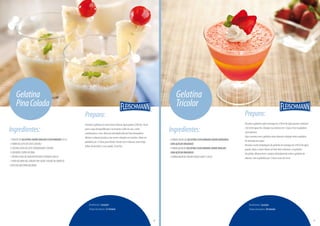 Ingredientes:
-1PACOTEDEGELATINASABORABACAXIFLEISCHMANN(45G)
-1VIDRODELEITEDECOCO(200ML)
-½XÍCARA(CHÁ)DELEITECONDENSADO(100ML)
-3COLHERES(SOPA)DERUM
-1XÍCARA(CHÁ)DEABACAXIPICADOEFERVIDO(200G)
-1FATIADEABACAXI,CEREJASEMCALDA,FOLHASDEHORTELÃ
-COCORALADOPARADECORAR
Gelatina
PinaColada
Rendimento:4porções
Tempodepreparo:25minutos
Preparo:
Dissolvaagelatinaemumaxícara(chá)deáguaquente(200ml).Passe
paraocopodoliquidificadoreacrescenteoleitedecoco,oleite
condensadoeorum.Bataemvelocidadealtaatéficarhomogêneo.
Mistureoabacaxipicadoaessecremeedespejeemtacinhas.Deixeem
geladeirapor12horasparafirmar.Decorecomoabacaxi,umacereja,
folhasdehortelãeococoralado.Sirvafrio.
8
Ingredientes:
-2EMBALAGENSDEGELATINAFLEISCHMANNSABORMORANGO
COMAÇÚCARORGÂNICO
-1EMBALAGEMDEGELATINAFLEISCHMANNSABORABACAXI
COMAÇÚCARORGÂNICO
-1EMBALAGEMDECREAMCHEESELIGHT(150G)
Gelatina
Tricolor
Rendimento:5porções
Tempodepreparo:20minutos
Preparo:
Dissolvaagelatinasabormorangoem250mldeáguaquenteeadicione
250mldeáguafria.Despejeessamisturaem5taçaseleveàgeladeira
atéendurecer.
Façaomesmocomagelatinasaborabacaxiedespejesobreagelatina
demorangonastaças.
Dissolvaaoutraembalagemdegelatinademorangoem250mldeágua
quente.Bataocreamcheeseatéficarfofoeadicione-oàgelatina
dissolvida.Misturebemecoloquedelicadamentesobreagelatinade
abacaxi.Leveàgeladeirapor3horasantesdeservir.
9
PróximapáginaPáginaanterior
 