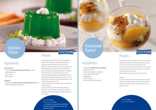 Ingredientes:
PARAAGELATINA:
-2PACOTESDEGELATINASABORLIMÃOFLEISCHMANN(45GCADA)
-2MAÇÃSVERDES(360G)
-SUCODE1LIMÃO
-ÓLEOPARAUNTAR
DECORAÇÃO:
-1EMBALAGEMDECREMETIPOCHANTILLYFLEISCHMANNGELADO(200ML)
-8FOLHASOURAMINHOSDEHORTELÃFRESCA
Gelatina
Chique
Rendimento:8porções
Tempodepreparo:15minutos
Dica:paradesenformarasgelatinascommaiorfacilidade,
utilizeapontadeumafacaparadeixaroarentrarentre
agelatinaeaforminha.
Preparo:
Gelatina:dissolvaospacotesdegelatinaem3xícaras(chá)deágua
fervente(600ml).Misturebemeleveàgeladeiraatéquefiquena
consistênciasemelhanteàdaclaradeovo(cercade10minutos).
Enquantoisso,descasqueasmaçãs,corte-asaomeioecoloquesobreuma
tábua.Façabolinhasdemaçãcomoauxíliodeumboleadordefrutas
pequenooucortepequenoscubinhos.Deixedemolhoem½litrodeágua
(500ml)misturadoscomosucodelimãoatéomomentodeusar.
Comóleo,unteforminhasindividuaisprópriasparagelatina(100ml)ou
forminhasdepetitgateau(6cmdeaberturax4cmdealturax3,5cmde
fundo).Acrescenteasbolinhasdemaçãedespejeagelatinaporcima.Leve
àgeladeiraatéendurecer(cercade1hora).
Coloquenabatedeiraochantillybemgeladoebataemvelocidademédia
atéformarpicosfirmes.
Decoração:desenformeasgelatinassobrepratinhosdesobremesa.
Decore-ascomochantilly,colocadoemsacodeconfeitareaplicadocom
bicopitanga.Finalizecolocandoumafolhaouraminhodehortelãfresca
emcadagelatina.
10
Ingredientes:
-1EMBALAGEMDEMANJARDECOCOFLEISCHMANN
-2XÍCARAS(CHÁ)DELEITE
-2XÍCARAS(CHÁ)DECREMEDELEITE(400ML)
-250GDECHOCOLATEBRANCOPICADO
-6LARANJASBAHIA
-3MARACUJÁSAZEDOS
-4XÍCARAS(CHÁ)DEMINISSUSPIROS(200G)
Tempestade
Tropical
Rendimento:8porções
Tempodepreparo:30minutos
Preparo:
Emumapaneladefundogrosso,coloqueomanjareoleite,ecozinheem
fogomédioatéquefiqueespesso.Desligueofogoeadicioneocremede
leiteeochocolatebranco.Mexaatéficarhomogêneoereserve.
Descasqueaslaranjas,retirandoapartebrancadacasca.Comoauxíliode
umafacaafiada,retiresomenteosgomosdalaranja,comcuidadopara
nãodeixarnenhumapelículaoucaroço.
Retireapolpadomaracujáemistureparaquefiquemais“solta”.
Montagem:
Emtaçasdesobremesa,alternealgunsgomosdelaranja,umacolherdo
manjar,umacolherdapolpadomaracujáealgunssuspirosquebrados.
Montecamadasaleatórias,deixando1dedodabordadataça.Leveà
geladeirapor6horas.
11
PróximapáginaPáginaanterior
 