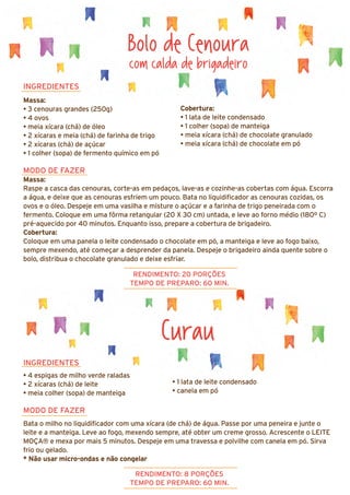 INGREDIENTES
• 4 espigas de milho verde raladas
• 2 xícaras (chá) de leite
• meia colher (sopa) de manteiga
MODO DE FAZER
Bata o milho no liquidificador com uma xícara (de chá) de água. Passe por uma peneira e junte o
leite e a manteiga. Leve ao fogo, mexendo sempre, até obter um creme grosso. Acrescente o LEITE
MOÇA® e mexa por mais 5 minutos. Despeje em uma travessa e polvilhe com canela em pó. Sirva
frio ou gelado.
* Não usar micro-ondas e não congelar
Bolo de Cenoura
com calda de brigadeiro
INGREDIENTES
Massa:
• 3 cenouras grandes (250g)
• 4 ovos
• meia xícara (chá) de óleo
• 2 xícaras e meia (chá) de farinha de trigo
• 2 xícaras (chá) de açúcar
• 1 colher (sopa) de fermento químico em pó
MODO DE FAZER
Massa:
Raspe a casca das cenouras, corte-as em pedaços, lave-as e cozinhe-as cobertas com água. Escorra
a água, e deixe que as cenouras esfriem um pouco. Bata no liquidificador as cenouras cozidas, os
ovos e o óleo. Despeje em uma vasilha e misture o açúcar e a farinha de trigo peneirada com o
fermento. Coloque em uma fôrma retangular (20 X 30 cm) untada, e leve ao forno médio (180º C)
pré-aquecido por 40 minutos. Enquanto isso, prepare a cobertura de brigadeiro.
Cobertura:
Coloque em uma panela o leite condensado o chocolate em pó, a manteiga e leve ao fogo baixo,
sempre mexendo, até começar a desprender da panela. Despeje o brigadeiro ainda quente sobre o
bolo, distribua o chocolate granulado e deixe esfriar.
RENDIMENTO: 20 PORÇÕES
TEMPO DE PREPARO: 60 MIN.
RENDIMENTO: 8 PORÇÕES
TEMPO DE PREPARO: 60 MIN.
Curau
Cobertura:
• 1 lata de leite condensado
• 1 colher (sopa) de manteiga
• meia xícara (chá) de chocolate granulado
• meia xícara (chá) de chocolate em pó
• 1 lata de leite condensado
• canela em pó
 