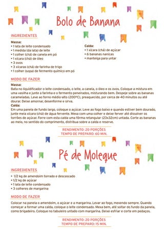 INGREDIENTES
• 1/2 kg de amendoim torrado e descascado
• 1/2 kg de açúcar
• 1 lata de leite condensado
• 3 colheres de margarina
MODO DE FAZER
Colocar na panela o amendoim, o açúcar e a margarina. Levar ao fogo, mexendo sempre. Quando
começar a formar uma calda, coloque o leite condensado. Mexa bem, até soltar do fundo da panela,
como brigadeiro. Coloque no tabuleiro untado com margarina. Deixe esfriar e corte em pedaços.
Bolo de Banana
INGREDIENTES
Massa:
• 1 lata de leite condensado
• 1 medida (da lata) de leite
• 1 colher (chá) de canela em pó
• 1 xícara (chá) de óleo
• 3 ovos
• 3 xícaras (chá) de farinha de trigo
• 1 colher (sopa) de fermento químico em pó
MODO DE FAZER
Massa:
Bata no liquidificador o leite condensado, o leite, a canela, o óleo e os ovos. Coloque a mistura em
uma vasilha e junte a farinha e o fermento peneirados, misturando bem. Despeje sobre as bananas
carameladas. Leve ao forno médio-alto (200ºC), preaquecido, por cerca de 40 minutos ou até
dourar. Deixe amornar, desenforme e sirva.
Calda:
Em uma panela de fundo largo, coloque o açúcar. Leve ao fogo baixo e quando estiver bem dourado,
junte meia xícara (chá) de água fervente. Mexa com uma colher e deixe ferver até dissolver os
torrões de açúcar. Forre com esta calda uma fôrma retangular (23x32cm) untada. Corte as bananas
ao meio, no sentido do comprimento, distribua sobre a calda e reserve.
RENDIMENTO: 20 PORÇÕES
TEMPO DE PREPARO: 60 MIN.
RENDIMENTO: 20 PORÇÕES
TEMPO DE PREPARO: 15 MIN.
Pé de Moleque
Calda:
• 1 xícara (chá) de açúcar
• 6 bananas nanicas
• manteiga para untar
 