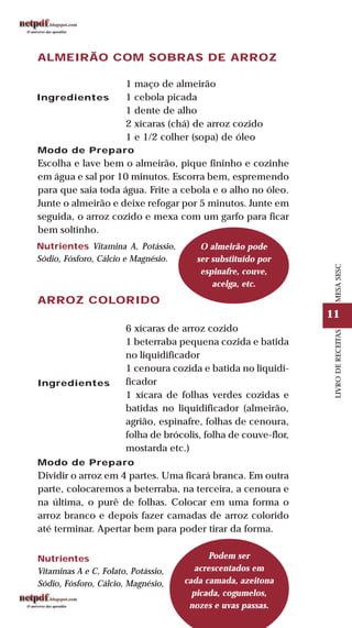 11
LIVRODERECEITASMESASESC
ALMEIRÃO COM SOBRAS DE ARROZ
Ingredientes
1 maço de almeirão
1 cebola picada
1 dente de alho
2 xícaras (chá) de arroz cozido
1 e 1/2 colher (sopa) de óleo
Nutrientes Vitamina A, Potássio,
Sódio, Fósforo, Cálcio e Magnésio.
ARROZ COLORIDO
Modo de Preparo
Dividir o arroz em 4 partes. Uma ficará branca. Em outra
parte, colocaremos a beterraba, na terceira, a cenoura e
na última, o purê de folhas. Colocar em uma forma o
arroz branco e depois fazer camadas de arroz colorido
até terminar. Apertar bem para poder tirar da forma.
Ingredientes
6 xícaras de arroz cozido
1 beterraba pequena cozida e batida
no liquidificador
1 cenoura cozida e batida no liquidi-
ficador
1 xícara de folhas verdes cozidas e
batidas no liquidificador (almeirão,
agrião, espinafre, folhas de cenoura,
folha de brócolis, folha de couve-flor,
mostarda etc.)
O almeirão pode
ser substituído por
espinafre, couve,
acelga, etc.
Nutrientes
Vitaminas A e C, Folato, Potássio,
Sódio, Fósforo, Cálcio, Magnésio,
e Selênio.
Podem ser
acrescentados em
cada camada, azeitona
picada, cogumelos,
nozes e uvas passas.
Modo de Preparo
Escolha e lave bem o almeirão, pique fininho e cozinhe
em água e sal por 10 minutos. Escorra bem, espremendo
para que saia toda água. Frite a cebola e o alho no óleo.
Junte o almeirão e deixe refogar por 5 minutos. Junte em
seguida, o arroz cozido e mexa com um garfo para ficar
bem soltinho.
 