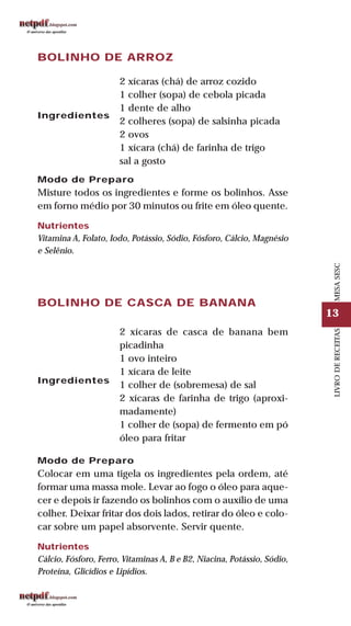 13
LIVRODERECEITASMESASESC
BOLINHO DE ARROZ
Ingredientes
2 xícaras (chá) de arroz cozido
1 colher (sopa) de cebola picada
1 dente de alho
2 colheres (sopa) de salsinha picada
2 ovos
1 xícara (chá) de farinha de trigo
sal a gosto
Modo de Preparo
Misture todos os ingredientes e forme os bolinhos. Asse
em forno médio por 30 minutos ou frite em óleo quente.
Nutrientes
Vitamina A, Folato, Iodo, Potássio, Sódio, Fósforo, Cálcio, Magnésio
e Selênio.
BOLINHO DE CASCA DE BANANA
Ingredientes
2 xícaras de casca de banana bem
picadinha
1 ovo inteiro
1 xícara de leite
1 colher de (sobremesa) de sal
2 xícaras de farinha de trigo (aproxi-
madamente)
1 colher de (sopa) de fermento em pó
óleo para fritar
Modo de Preparo
Colocar em uma tigela os ingredientes pela ordem, até
formar uma massa mole. Levar ao fogo o óleo para aque-
cer e depois ir fazendo os bolinhos com o auxílio de uma
colher. Deixar fritar dos dois lados, retirar do óleo e colo-
car sobre um papel absorvente. Servir quente.
Nutrientes
Cálcio, Fósforo, Ferro, Vitaminas A, B e B2, Niacina, Potássio, Sódio,
Proteína, Glicídios e Lipídios.
 