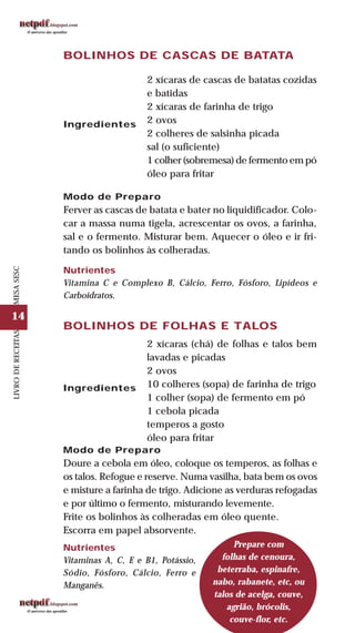14
LIVRODERECEITASMESASESC
BOLINHOS DE CASCAS DE BATATA
Ingredientes
2 xícaras de cascas de batatas cozidas
e batidas
2 xícaras de farinha de trigo
2 ovos
2 colheres de salsinha picada
sal (o suficiente)
1 colher (sobremesa) de fermento em pó
óleo para fritar
Modo de Preparo
Ferver as cascas de batata e bater no liquidificador. Colo-
car a massa numa tigela, acrescentar os ovos, a farinha,
sal e o fermento. Misturar bem. Aquecer o óleo e ir fri-
tando os bolinhos às colheradas.
Nutrientes
Vitamina C e Complexo B, Cálcio, Ferro, Fósforo, Lipídeos e
Carboidratos.
BOLINHOS DE FOLHAS E TALOS
Ingredientes
2 xícaras (chá) de folhas e talos bem
lavadas e picadas
2 ovos
10 colheres (sopa) de farinha de trigo
1 colher (sopa) de fermento em pó
1 cebola picada
temperos a gosto
óleo para fritar
Modo de Preparo
Doure a cebola em óleo, coloque os temperos, as folhas e
os talos. Refogue e reserve. Numa vasilha, bata bem os ovos
e misture a farinha de trigo. Adicione as verduras refogadas
e por último o fermento, misturando levemente.
Frite os bolinhos às colheradas em óleo quente.
Escorra em papel absorvente.
Nutrientes
Vitaminas A, C, E e B1, Potássio,
Sódio, Fósforo, Cálcio, Ferro e
Manganês.
Prepare com
folhas de cenoura,
beterraba, espinafre,
nabo, rabanete, etc, ou
talos de acelga, couve,
agrião, brócolis,
couve-flor, etc.
 