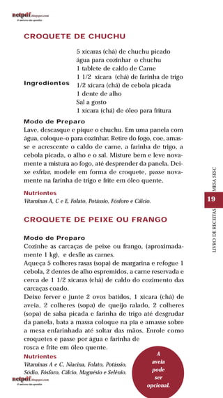 19
LIVRODERECEITASMESASESC
Modo de Preparo
Lave, descasque e pique o chuchu. Em uma panela com
água, coloque-o para cozinhar. Retire do fogo, coe, amas-
se e acrescente o caldo de carne, a farinha de trigo, a
cebola picada, o alho e o sal. Misture bem e leve nova-
mente a mistura ao fogo, até desprender da panela. Dei-
xe esfriar, modele em forma de croquete, passe nova-
mente na farinha de trigo e frite em óleo quente.
Nutrientes
Vitaminas A, C e E, Folato, Potássio, Fósforo e Cálcio.
CROQUETE DE CHUCHU
Ingredientes
5 xícaras (chá) de chuchu picado
água para cozinhar o chuchu
1 tablete de caldo de Carne
1 1/2 xícara (chá) de farinha de trigo
1/2 xícara (chá) de cebola picada
1 dente de alho
Sal a gosto
1 xícara (chá) de óleo para fritura
CROQUETE DE PEIXE OU FRANGO
Modo de Preparo
Cozinhe as carcaças de peixe ou frango, (aproximada-
mente 1 kg), e desfie as carnes.
Aqueça 5 colheres rasas (sopa) de margarina e refogue 1
cebola, 2 dentes de alho espremidos, a carne reservada e
cerca de 1 1/2 xícaras (chá) de caldo do cozimento das
carcaças coado.
Deixe ferver e junte 2 ovos batidos, 1 xícara (chá) de
aveia, 2 colheres (sopa) de queijo ralado, 2 colheres
(sopa) de salsa picada e farinha de trigo até desgrudar
da panela, bata a massa coloque na pia e amasse sobre
a mesa enfarinhada até soltar das mãos. Enrole como
croquetes e passe por água e farinha de
rosca e frite em óleo quente.
A
aveia
pode
ser
opcional.
Nutrientes
Vitaminas A e C, Niacina, Folato, Potássio,
Sódio, Fósforo, Cálcio, Magnésio e Selênio.
 