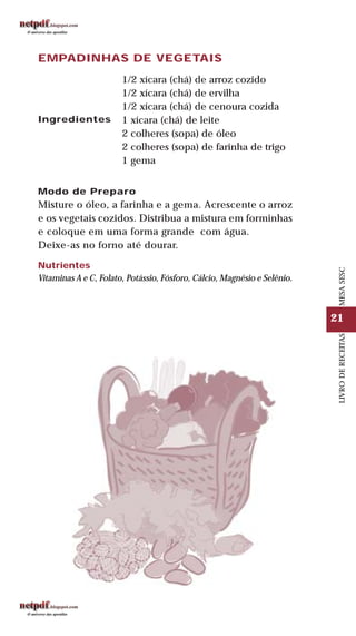 21
LIVRODERECEITASMESASESC
EMPADINHAS DE VEGETAIS
Ingredientes
1/2 xícara (chá) de arroz cozido
1/2 xícara (chá) de ervilha
1/2 xícara (chá) de cenoura cozida
1 xícara (chá) de leite
2 colheres (sopa) de óleo
2 colheres (sopa) de farinha de trigo
1 gema
Modo de Preparo
Misture o óleo, a farinha e a gema. Acrescente o arroz
e os vegetais cozidos. Distribua a mistura em forminhas
e coloque em uma forma grande com água.
Deixe-as no forno até dourar.
Nutrientes
Vitaminas A e C, Folato, Potássio, Fósforo, Cálcio, Magnésio e Selênio.
 