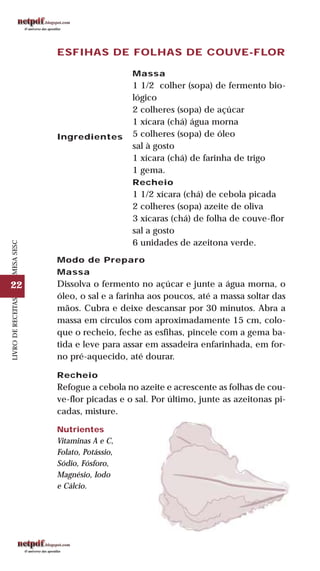 22
LIVRODERECEITASMESASESC
ESFIHAS DE FOLHAS DE COUVE-FLOR
Ingredientes
Massa
1 1/2 colher (sopa) de fermento bio-
lógico
2 colheres (sopa) de açúcar
1 xícara (chá) água morna
5 colheres (sopa) de óleo
sal à gosto
1 xícara (chá) de farinha de trigo
1 gema.
Recheio
1 1/2 xícara (chá) de cebola picada
2 colheres (sopa) azeite de oliva
3 xícaras (chá) de folha de couve-flor
sal a gosto
6 unidades de azeitona verde.
Modo de Preparo
Massa
Dissolva o fermento no açúcar e junte a água morna, o
óleo, o sal e a farinha aos poucos, até a massa soltar das
mãos. Cubra e deixe descansar por 30 minutos. Abra a
massa em círculos com aproximadamente 15 cm, colo-
que o recheio, feche as esfihas, pincele com a gema ba-
tida e leve para assar em assadeira enfarinhada, em for-
no pré-aquecido, até dourar.
Recheio
Refogue a cebola no azeite e acrescente as folhas de cou-
ve-flor picadas e o sal. Por último, junte as azeitonas pi-
cadas, misture.
Nutrientes
Vitaminas A e C,
Folato, Potássio,
Sódio, Fósforo,
Magnésio, Iodo
e Cálcio.
 