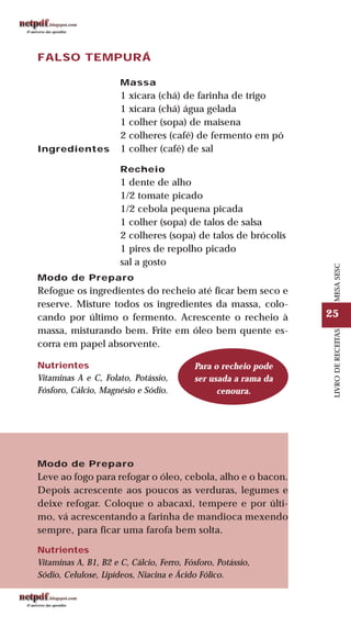 25
LIVRODERECEITASMESASESC
FALSO TEMPURÁ
Ingredientes
Massa
1 xícara (chá) de farinha de trigo
1 xícara (chá) água gelada
1 colher (sopa) de maisena
2 colheres (café) de fermento em pó
1 colher (café) de sal
Recheio
1 dente de alho
1/2 tomate picado
1/2 cebola pequena picada
1 colher (sopa) de talos de salsa
2 colheres (sopa) de talos de brócolis
1 pires de repolho picado
sal a gosto
Modo de Preparo
Refogue os ingredientes do recheio até ficar bem seco e
reserve. Misture todos os ingredientes da massa, colo-
cando por último o fermento. Acrescente o recheio à
massa, misturando bem. Frite em óleo bem quente es-
corra em papel absorvente.
Nutrientes
Vitaminas A e C, Folato, Potássio,
Fósforo, Cálcio, Magnésio e Sódio.
Para o recheio pode
ser usada a rama da
cenoura.
Modo de Preparo
Leve ao fogo para refogar o óleo, cebola, alho e o bacon.
Depois acrescente aos poucos as verduras, legumes e
deixe refogar. Coloque o abacaxi, tempere e por últi-
mo, vá acrescentando a farinha de mandioca mexendo
sempre, para ficar uma farofa bem solta.
Nutrientes
Vitaminas A, B1, B2 e C, Cálcio, Ferro, Fósforo, Potássio,
Sódio, Celulose, Lipídeos, Niacina e Ácido Fólico.
 