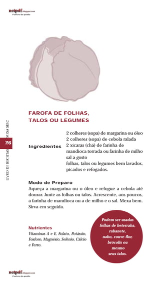 26
LIVRODERECEITASMESASESC
FAROFA DE FOLHAS,
TALOS OU LEGUMES
Ingredientes
2 colheres (sopa) de margarina ou óleo
2 colheres (sopa) de cebola ralada
2 xícaras (chá) de farinha de
mandioca torrada ou farinha de milho
sal a gosto
folhas, talos ou legumes bem lavados,
picados e refogados.
Modo de Preparo
Aqueça a margarina ou o óleo e refogue a cebola até
dourar. Junte as folhas ou talos. Acrescente, aos poucos,
a farinha de mandioca ou a de milho e o sal. Mexa bem.
Sirva em seguida.
Nutrientes
Vitaminas A e E, Folato, Potássio,
Fósforo, Magnésio, Selênio, Cálcio
e Ferro.
Podem ser usadas
folhas de beterraba,
rabanete,
nabo, couve-flor,
brócolis ou
mesmo
seus talos.
 