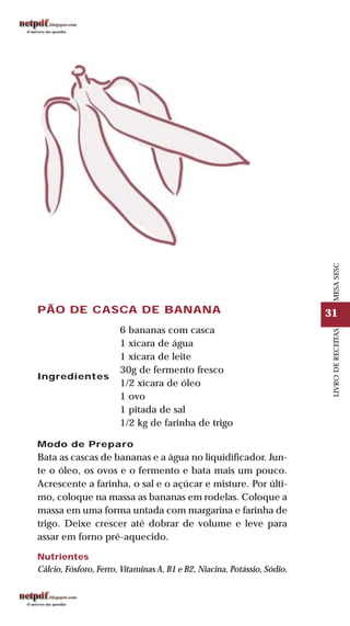 31
LIVRODERECEITASMESASESC
PÃO DE CASCA DE BANANA
Ingredientes
6 bananas com casca
1 xícara de água
1 xícara de leite
30g de fermento fresco
1/2 xícara de óleo
1 ovo
1 pitada de sal
1/2 kg de farinha de trigo
Modo de Preparo
Bata as cascas de bananas e a água no liquidificador. Jun-
te o óleo, os ovos e o fermento e bata mais um pouco.
Acrescente a farinha, o sal e o açúcar e misture. Por últi-
mo, coloque na massa as bananas em rodelas. Coloque a
massa em uma forma untada com margarina e farinha de
trigo. Deixe crescer até dobrar de volume e leve para
assar em forno pré-aquecido.
Nutrientes
Cálcio, Fósforo, Ferro, Vitaminas A, B1 e B2, Niacina, Potássio, Sódio.
 