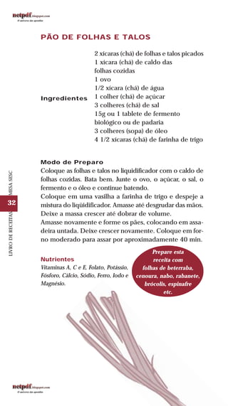 32
LIVRODERECEITASMESASESC
PÃO DE FOLHAS E TALOS
Ingredientes
2 xícaras (chá) de folhas e talos picados
1 xícara (chá) de caldo das
folhas cozidas
1 ovo
1/2 xícara (chá) de água
1 colher (chá) de açúcar
3 colheres (chá) de sal
15g ou 1 tablete de fermento
biológico ou de padaria
3 colheres (sopa) de óleo
4 1/2 xícaras (chá) de farinha de trigo
Modo de Preparo
Coloque as folhas e talos no liquidificador com o caldo de
folhas cozidas. Bata bem. Junte o ovo, o açúcar, o sal, o
fermento e o óleo e continue batendo.
Coloque em uma vasilha a farinha de trigo e despeje a
mistura do liqüidificador. Amasse até desgrudar das mãos.
Deixe a massa crescer até dobrar de volume.
Amasse novamente e forme os pães, colocando em assa-
deira untada. Deixe crescer novamente. Coloque em for-
no moderado para assar por aproximadamente 40 min.
Nutrientes
Vitaminas A, C e E, Folato, Potássio,
Fósforo, Cálcio, Sódio, Ferro, Iodo e
Magnésio.
Prepare esta
receita com
folhas de beterraba,
cenoura, nabo, rabanete,
brócolis, espinafre
etc.
 