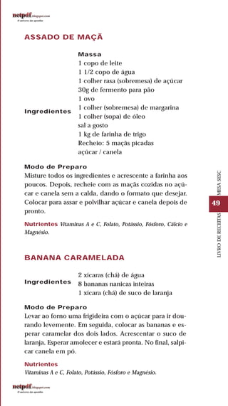49
LIVRODERECEITASMESASESC
ASSADO DE MAÇÃ
BANANA CARAMELADA
Ingredientes
Massa
1 copo de leite
1 1/2 copo de água
1 colher rasa (sobremesa) de açúcar
30g de fermento para pão
1 ovo
1 colher (sobremesa) de margarina
1 colher (sopa) de óleo
sal a gosto
1 kg de farinha de trigo
Recheio: 5 maçãs picadas
açúcar / canela
Modo de Preparo
Misture todos os ingredientes e acrescente a farinha aos
poucos. Depois, recheie com as maçãs cozidas no açú-
car e canela sem a calda, dando o formato que desejar.
Colocar para assar e polvilhar açúcar e canela depois de
pronto.
Nutrientes Vitaminas A e C, Folato, Potássio, Fósforo, Cálcio e
Magnésio.
Ingredientes
2 xícaras (chá) de água
8 bananas nanicas inteiras
1 xícara (chá) de suco de laranja
Modo de Preparo
Levar ao forno uma frigideira com o açúcar para ir dou-
rando levemente. Em seguida, colocar as bananas e es-
perar caramelar dos dois lados. Acrescentar o suco de
laranja. Esperar amolecer e estará pronta. No final, salpi-
car canela em pó.
Nutrientes
Vitaminas A e C, Folato, Potássio, Fósforo e Magnésio.
 