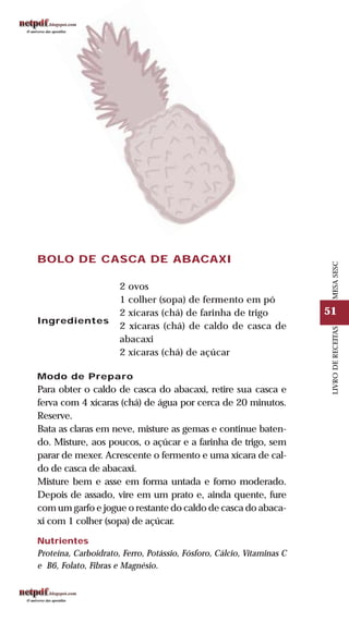 51
LIVRODERECEITASMESASESC
Modo de Preparo
Para obter o caldo de casca do abacaxi, retire sua casca e
ferva com 4 xícaras (chá) de água por cerca de 20 minutos.
Reserve.
Bata as claras em neve, misture as gemas e continue baten-
do. Misture, aos poucos, o açúcar e a farinha de trigo, sem
parar de mexer. Acrescente o fermento e uma xícara de cal-
do de casca de abacaxi.
Misture bem e asse em forma untada e forno moderado.
Depois de assado, vire em um prato e, ainda quente, fure
com um garfo e jogue o restante do caldo de casca do abaca-
xi com 1 colher (sopa) de açúcar.
Nutrientes
Proteína, Carboidrato, Ferro, Potássio, Fósforo, Cálcio, Vitaminas C
e B6, Folato, Fibras e Magnésio.
BOLO DE CASCA DE ABACAXI
Ingredientes
2 ovos
1 colher (sopa) de fermento em pó
2 xícaras (chá) de farinha de trigo
2 xícaras (chá) de caldo de casca de
abacaxi
2 xícaras (chá) de açúcar
 
