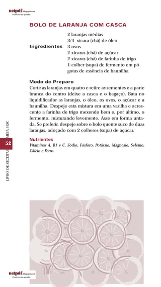 52
LIVRODERECEITASMESASESC
BOLO DE LARANJA COM CASCA
Ingredientes
2 laranjas médias
3/4 xícara (chá) de óleo
3 ovos
2 xícaras (chá) de açúcar
2 xícaras (chá) de farinha de trigo
1 colher (sopa) de fermento em pó
gotas de essência de baunilha
Modo de Preparo
Corte as laranjas em quatro e retire as sementes e a parte
branca do centro (deixe a casca e o bagaço). Bata no
liquidificador as laranjas, o óleo, os ovos, o açúcar e a
baunilha. Despeje esta mistura em uma vasilha e acres-
cente a farinha de trigo mexendo bem e, por último, o
fermento, misturando levemente. Asse em forma unta-
da. Se preferir, despeje sobre o bolo quente suco de duas
laranjas, adoçado com 2 colheres (sopa) de açúcar.
Nutrientes
Vitaminas A, B1 e C, Sódio, Fósforo, Potássio, Magnésio, Selênio,
Cálcio e Ferro.
 