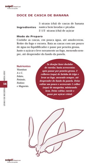 56
LIVRODERECEITASMESASESC
DOCE DE CASCA DE BANANA
Ingredientes
5 xícaras (chá) de cascas de banana
nanica bem lavadas e picadas
2 1/2 xícaras (chá) de açúcar
Modo de Preparo
Cozinhe as cascas, em pouca água, até amolecerem.
Retire do fogo e escorra. Bata as cascas com um pouco
de água no liquidificador e passe por peneira grossa.
Junte o açúcar e leve novamente ao fogo, mexendo sem-
pre, até desprender do fundo da panela.
Se desejar fazer docinho
de enrolar, basta acrescentar,
após passar por peneira grossa, 2
colheres (sopa) de farinha de trigo e
levar ao fogo, mexendo sempre, até
desprender do fundo da panela. Deixe
esfriar um pouco e acrescente 1 colher
(sopa) de margarina, misturando
bem. Deixe esfriar, enrole e
passe por açúcar cristal.
Nutrientes
Vitaminas
A e C,
Folato,
Potássio,
Fósforo
e Magnésio.
 