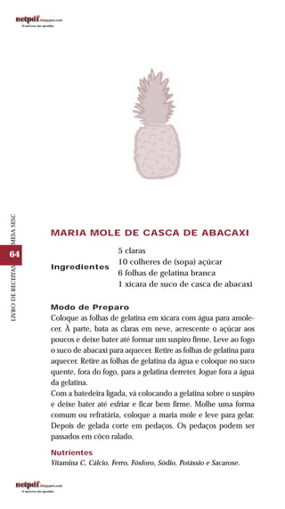 64
LIVRODERECEITASMESASESC
MARIA MOLE DE CASCA DE ABACAXI
5 claras
10 colheres de (sopa) açúcar
6 folhas de gelatina branca
1 xícara de suco de casca de abacaxi
Ingredientes
Modo de Preparo
Coloque as folhas de gelatina em xícara com água para amole-
cer. À parte, bata as claras em neve, acrescente o açúcar aos
poucos e deixe bater até formar um suspiro firme. Leve ao fogo
o suco de abacaxi para aquecer. Retire as folhas de gelatina para
aquecer. Retire as folhas de gelatina da água e coloque no suco
quente, fora do fogo, para a gelatina derreter. Jogue fora a água
da gelatina.
Com a batedeira ligada, vá colocando a gelatina sobre o suspiro
e deixe bater até esfriar e ficar bem firme. Molhe uma forma
comum ou refratária, coloque a maria mole e leve para gelar.
Depois de gelada corte em pedaços. Os pedaços podem ser
passados em côco ralado.
Nutrientes
Vitamina C, Cálcio, Ferro, Fósforo, Sódio, Potássio e Sacarose.
 