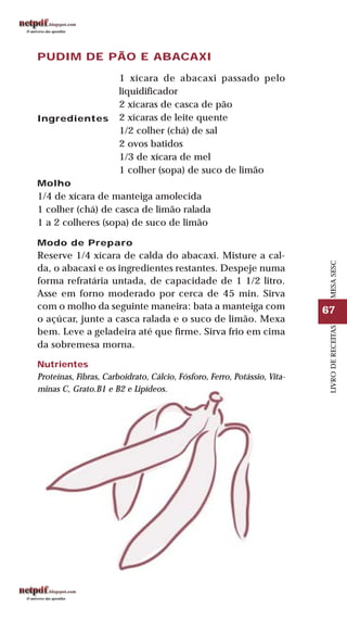 67
LIVRODERECEITASMESASESC
PUDIM DE PÃO E ABACAXI
1 xícara de abacaxi passado pelo
liquidificador
2 xícaras de casca de pão
2 xícaras de leite quente
1/2 colher (chá) de sal
2 ovos batidos
1/3 de xícara de mel
1 colher (sopa) de suco de limão
Molho
1/4 de xícara de manteiga amolecida
1 colher (chá) de casca de limão ralada
1 a 2 colheres (sopa) de suco de limão
Modo de Preparo
Reserve 1/4 xícara de calda do abacaxi. Misture a cal-
da, o abacaxi e os ingredientes restantes. Despeje numa
forma refratária untada, de capacidade de 1 1/2 litro.
Asse em forno moderado por cerca de 45 min. Sirva
com o molho da seguinte maneira: bata a manteiga com
o açúcar, junte a casca ralada e o suco de limão. Mexa
bem. Leve a geladeira até que firme. Sirva frio em cima
da sobremesa morna.
Nutrientes
Proteínas, Fibras, Carboidrato, Cálcio, Fósforo, Ferro, Potássio, Vita-
minas C, Grato.B1 e B2 e Lipídeos.
Ingredientes
 