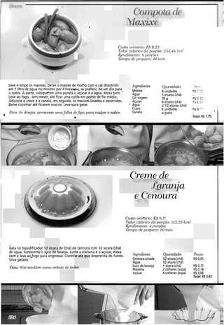 Lave e limpe os maxixe,. ueixe o maxixe de molho com o cal dissolvido
em 1 litro de água no mínimo por 4 horamu, se preferir, de um dia pai,
o outro. A parte, coloqueem uma panela o açúcar e a água. Mexa bem. '
Leve ao fogo, sem mexer, até ficar uma calda em ponto de fio médio.
Adicione o cravo e a canela, em seguida, os maxixes lavados e escorridos.
,Deixe cozinhar até ficarem macios. Leve para gelar.
Gim:Se desejai; acrescente unaafolha dejigo, para reakar o sabor.
o
Cristo zii1itcírio: 23 0.22
rnlor cnlórico dn porccio: 253.24 kco'
lRerldir~lcnto:6 polyõcs
Tempo de yr.cpnro: 40 i~zii?
h?greclientes
Maxixe
Agua
Cal virgem
Açúcar
Agua
Cravo
Canela
Qiu11ticicldc.s -,
-- .- .
8 unidades 35 ^ -r
5 xícaras (chá)
30 g "5 r> i^
4 xícaras (chá) 2 s fl L:
2 112xícaras (chá) -
6 unidades RS O,"
a gosto
Total: RS 1,75 I
Creme de-. b
a
e_cenoura
Custo ~irzirdrio:R$ 0,11
Valor calórico da porgao: 152.23 kcal
Rendimento: 4 por.cõos
Ieinpo de preparo: 20 nzin
I iata no liquidificador VZ xícara de (chá) de cenoura com VZ xicara (ch6)
I de água. Acrescente o syco de laranja. Junte a maisena e o asúcar, mexa
bem e leve aofogo para engrossar. Cozinhe até que desprenda do fundo. Ingredientes Ruantidades P~cp.~
Sirva gelado. Cenoura picada 14 xícara (chá) R$ 0,05
Agua V;! xícara (chá)
!bica: W.w tambérn como recheio cle bolos. Suco de laranja 1xícara (chá) R$ 0,17
Maisena 2 colheres (sopa) R$ 0,14
Açúcar 4 colheres(sopa) R$ 0,08
Total: R$ 0,43
 